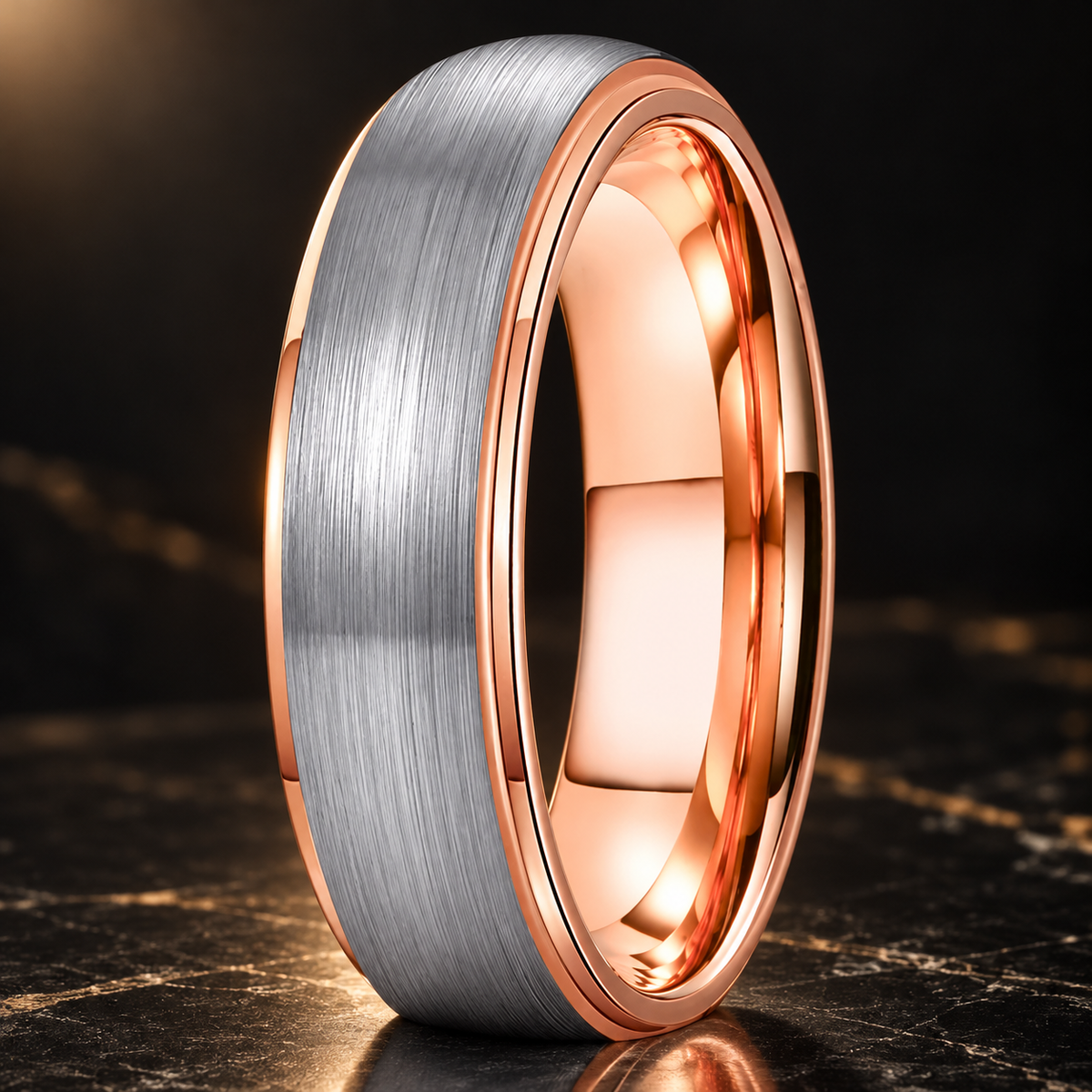 The Rosestep — Silver and Rose Gold Tungsten Wedding Band