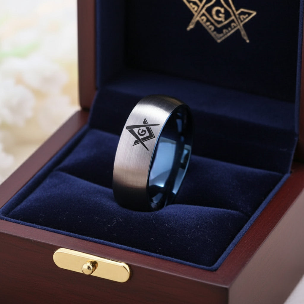 Silver with Blue Tungsten Masonic Ring