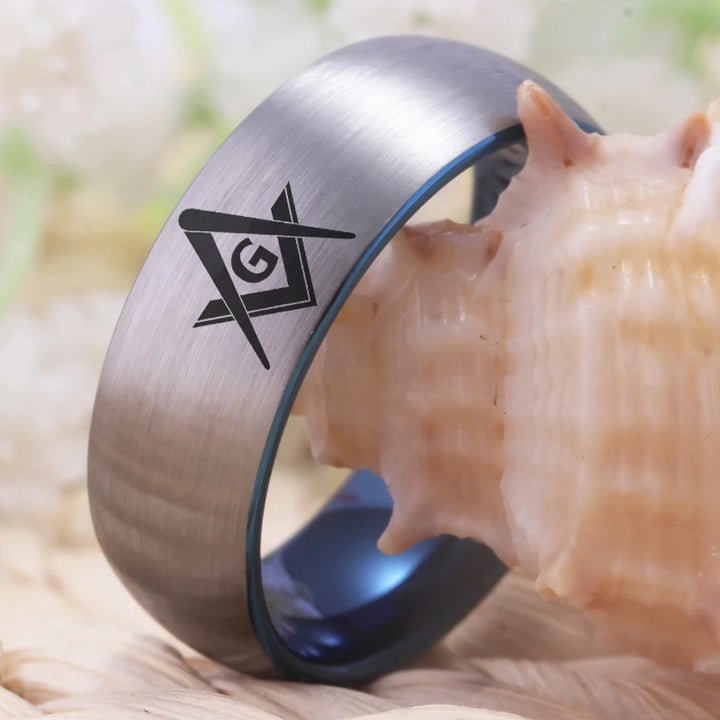 Silver with Blue Tungsten Masonic Ring