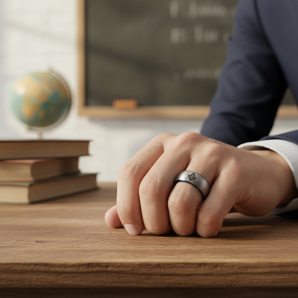 Silver with Blue Tungsten Masonic Ring