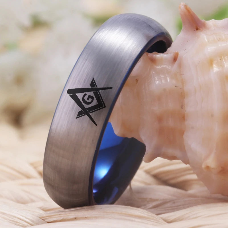 Silver with Blue Tungsten Masonic Ring
