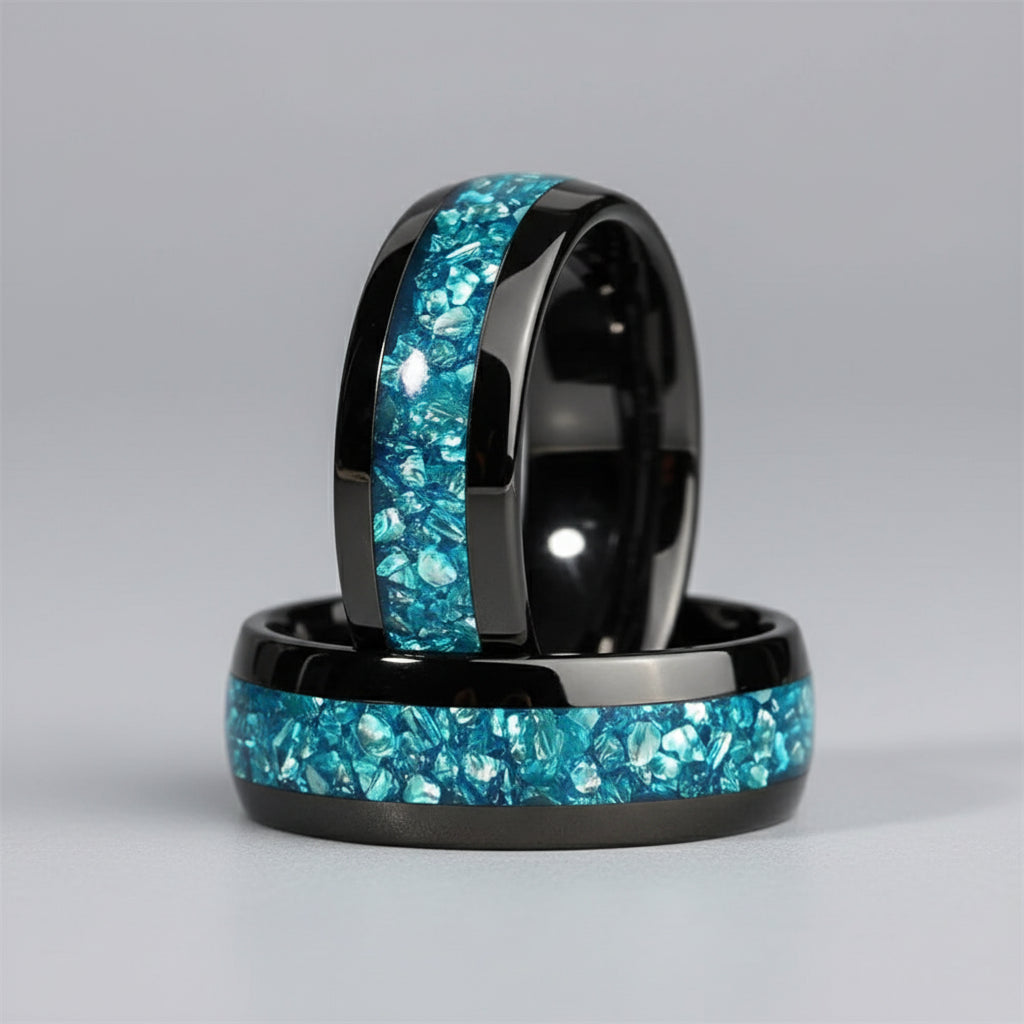Sky Blue Crystal Inlay Tungsten Wedding Ring