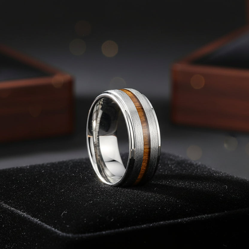Stepped Wood Inlay Tungsten Wedding Band