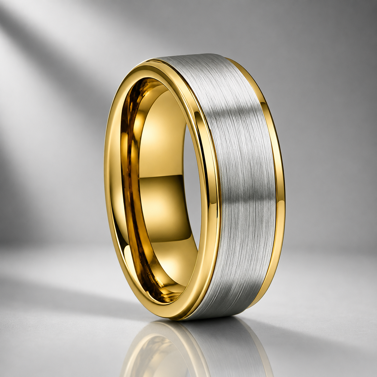 Stepped Edge Brushed Silver Tungsten Wedding Ring
