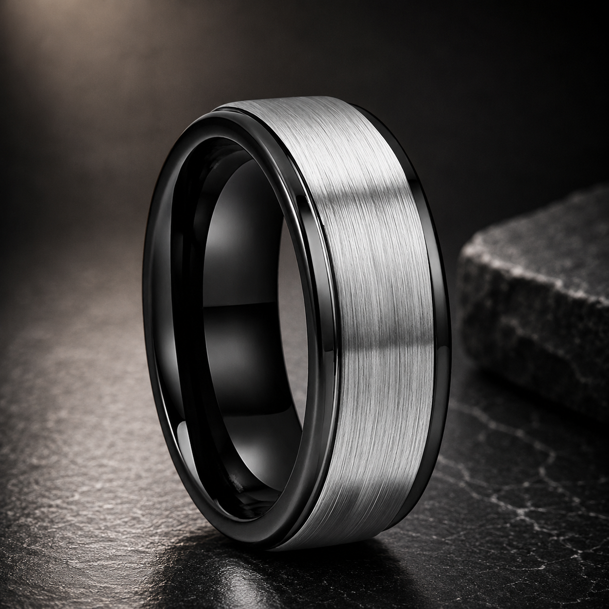 Stepped Edge Brushed Silver Tungsten Wedding Ring