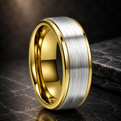 Stepped Edge Brushed Silver Tungsten Wedding Ring