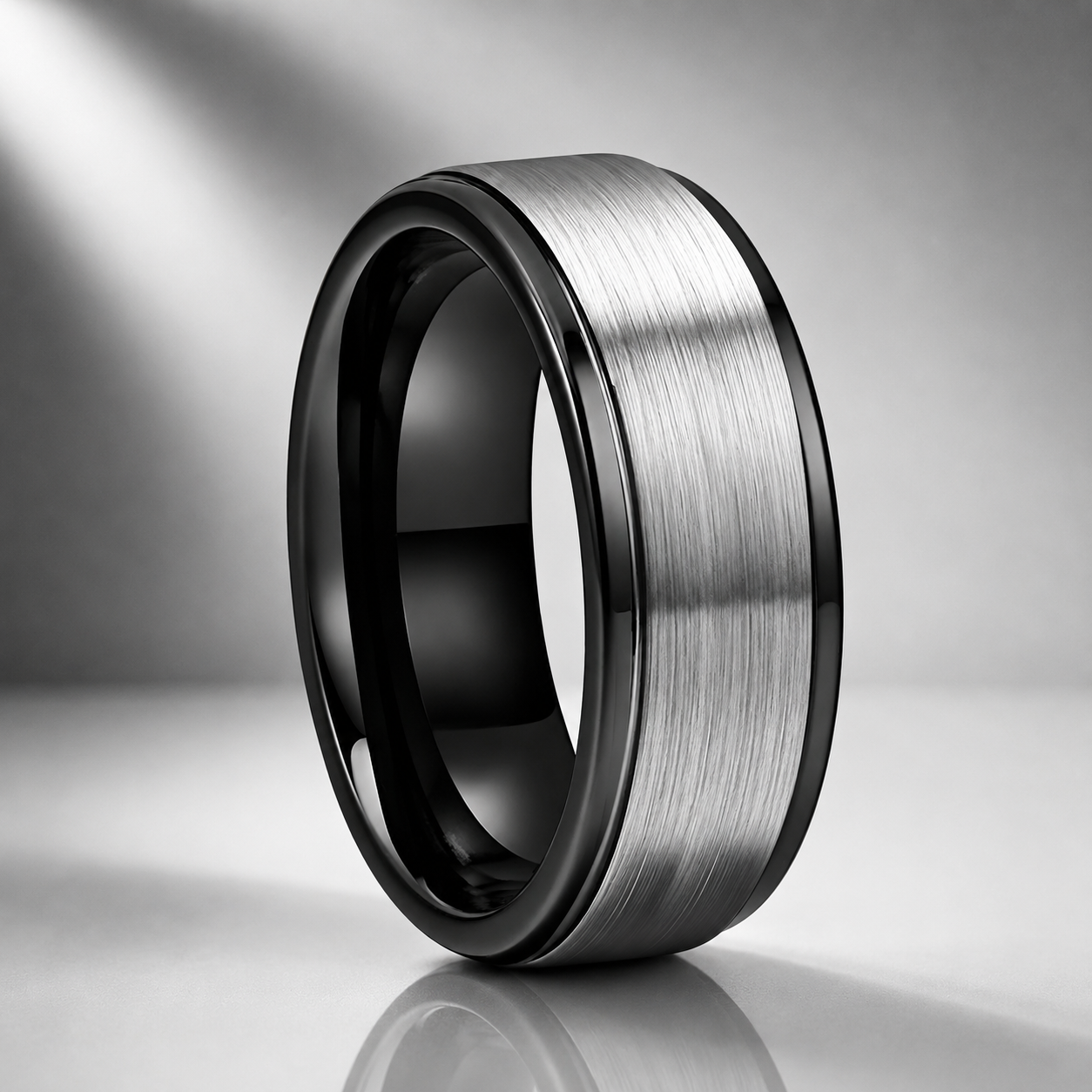 Stepped-Edge Brushed Silver Tungsten Wedding Ring