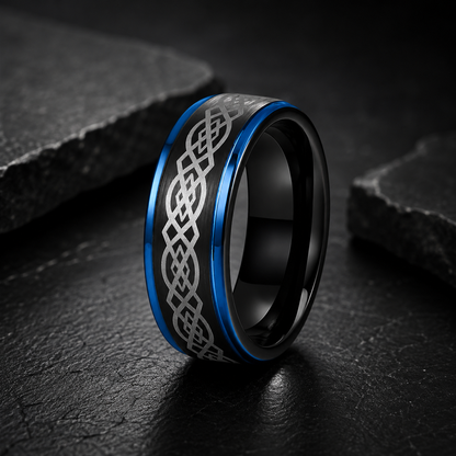 Stepped Matte Tungsten Ring with Celtic Knot Engraving