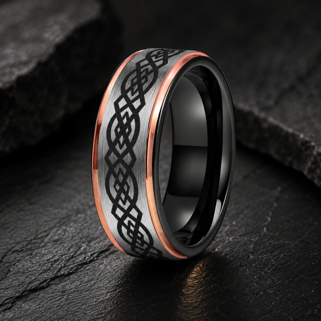 Stepped Matte Tungsten Ring with Celtic Knot Engraving
