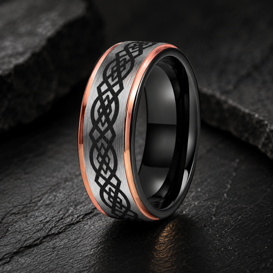 Stepped Matte Tungsten Ring with Celtic Knot Engraving