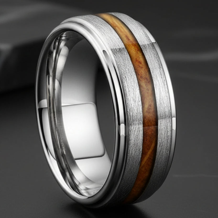 Stepped Wood Inlay Tungsten Wedding Band