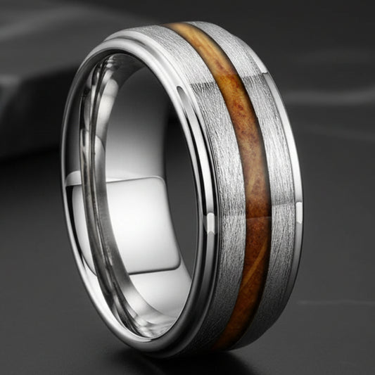Stepped Wood Inlay Tungsten Wedding Band