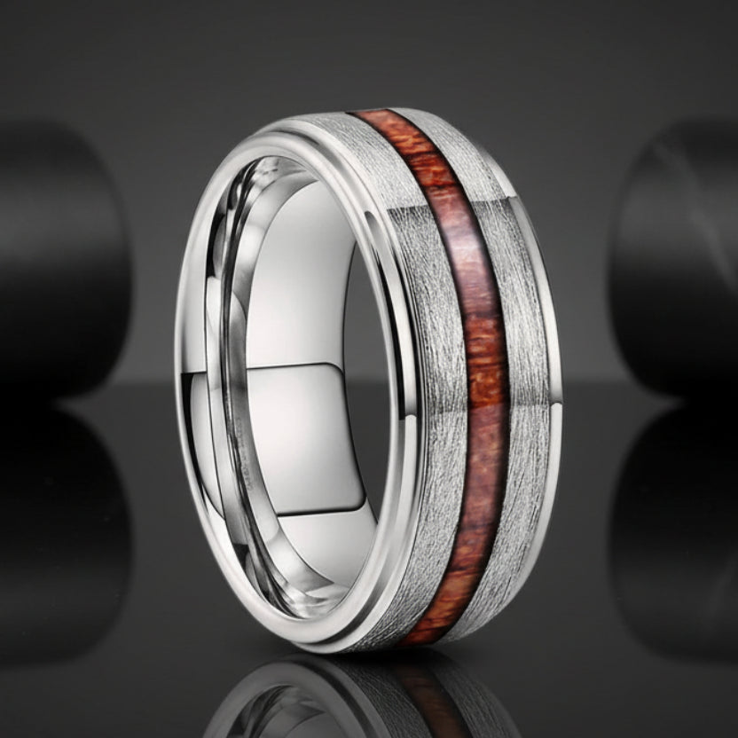 Stepped Wood Inlay Tungsten Wedding Band