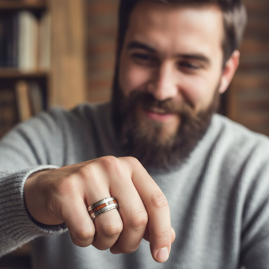 Stepped Wood Inlay Tungsten Wedding Band - RealTungsten