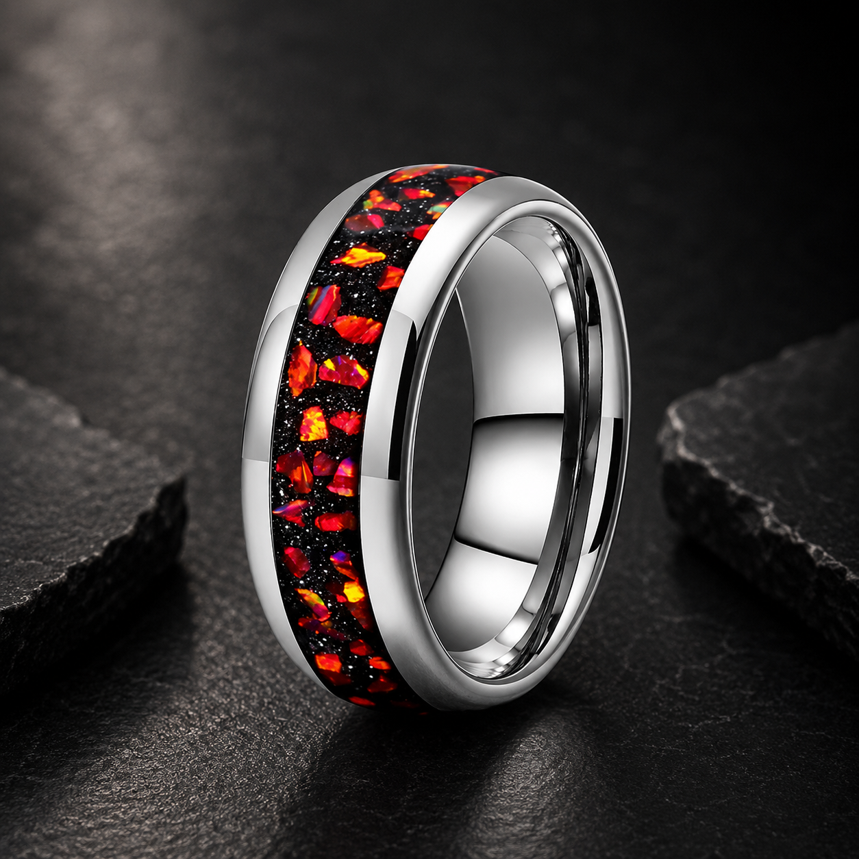 The Rubicund — Tungsten Ring with Red Garnet Inlay