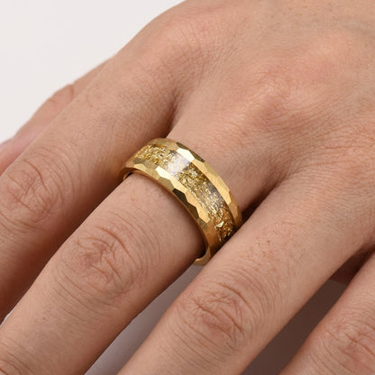 The Crusader — Damascus Steel Pattern Tungsten Ring with Opal and Gold Foil Inlay