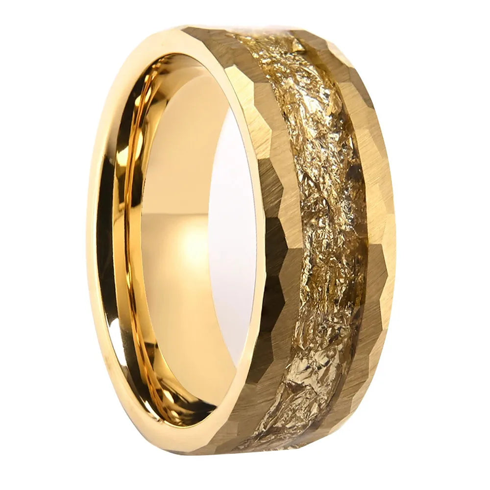 The Crusader — Damascus Steel Pattern Tungsten Ring with Opal and Gold Foil Inlay