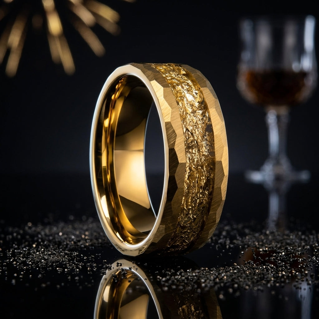 The Crusader — Damascus Steel Pattern Tungsten Ring with Opal and Gold Foil Inlay
