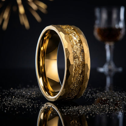 The Crusader — Damascus Steel Pattern Tungsten Ring with Opal and Gold Foil Inlay
