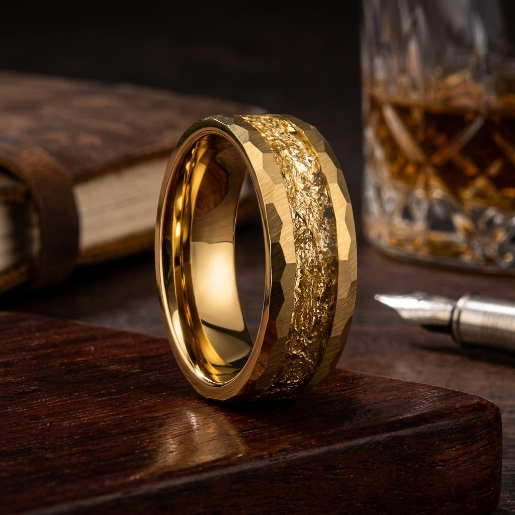The Crusader — Damascus Steel Pattern Tungsten Ring with Opal and Gold Foil Inlay