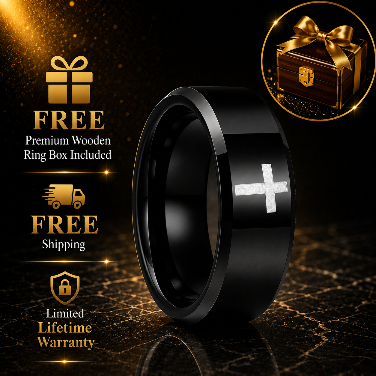 The Darkross — Black Tungsten Ring with Cross Design