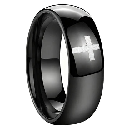 The Darkross — Black Tungsten Ring with Cross Design