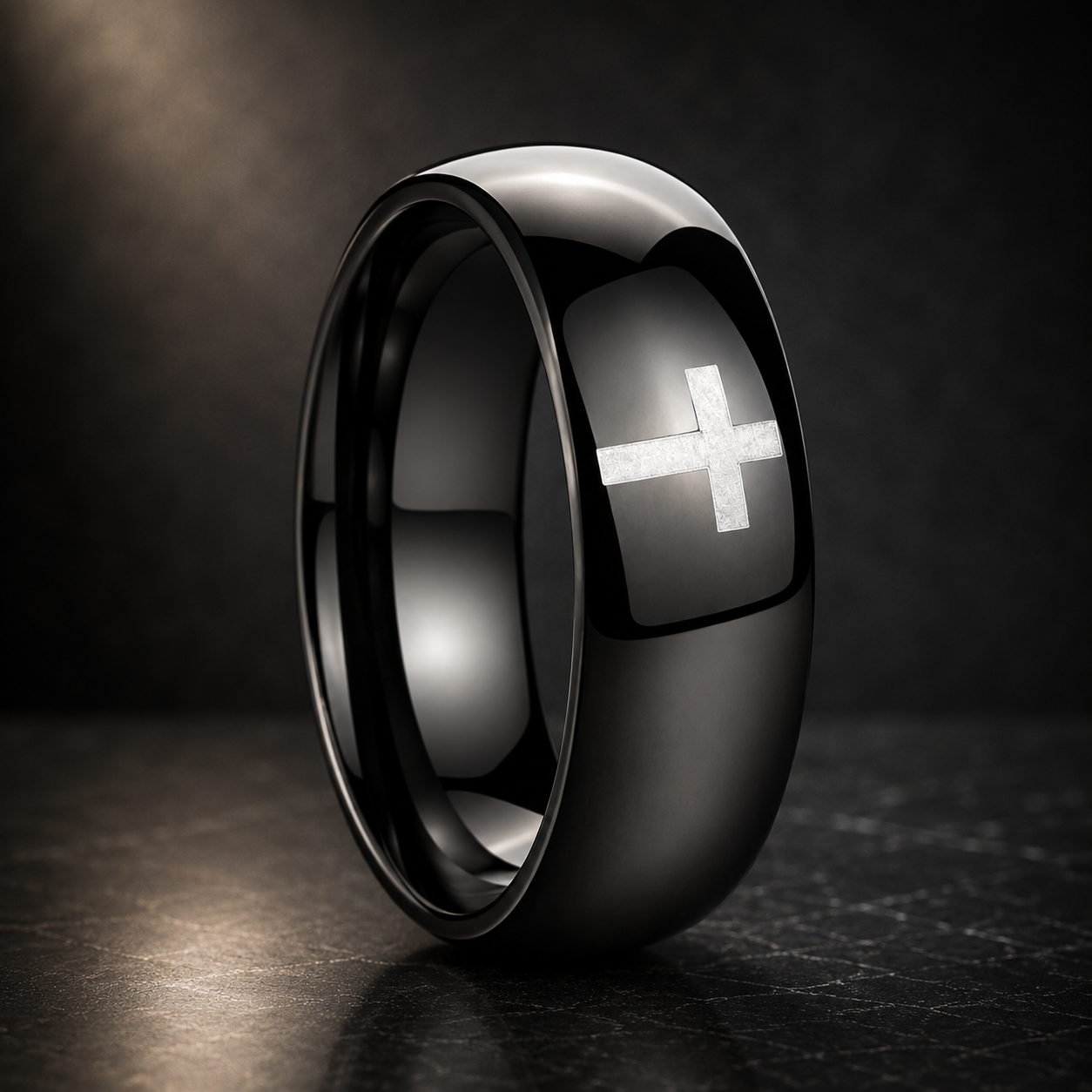 The Darkross — Black Tungsten Ring with Cross Design