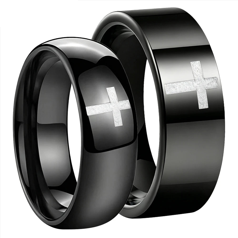 The Darkross — Black Tungsten Ring with Cross Design