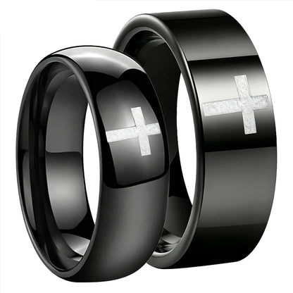 The Darkross — Black Tungsten Ring with Cross Design