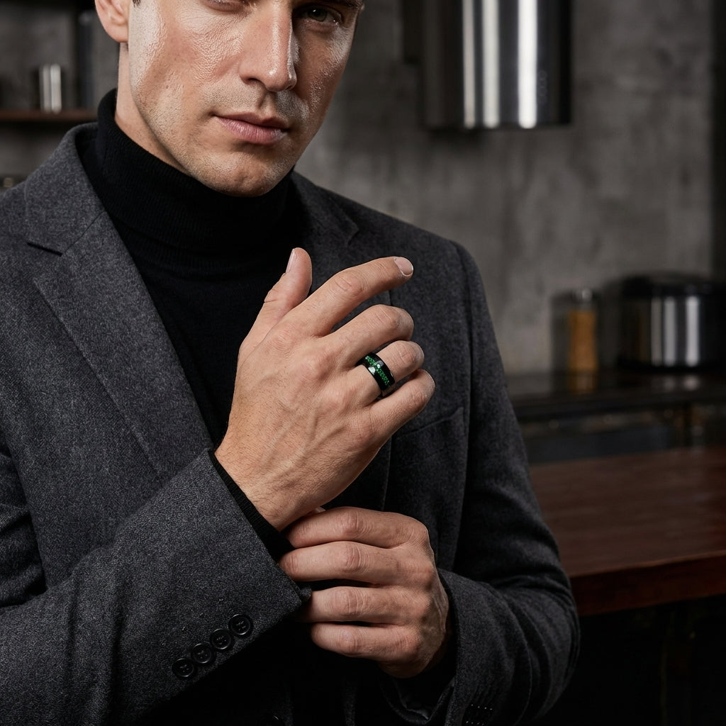 The Emerald Unity™ – Tungsten Ring with Green Stone Inlay