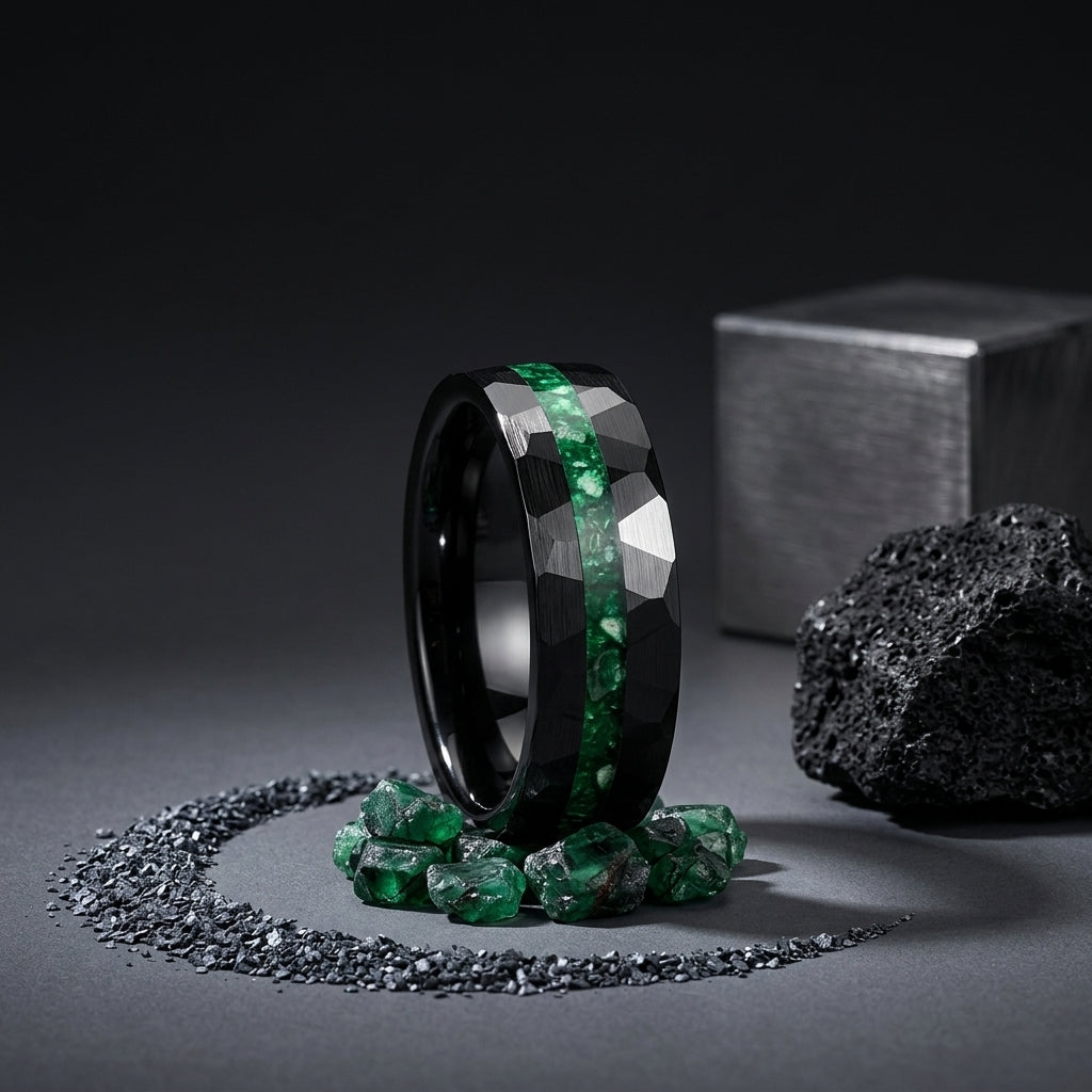 The Emerald Unity™ – Tungsten Ring with Green Stone Inlay