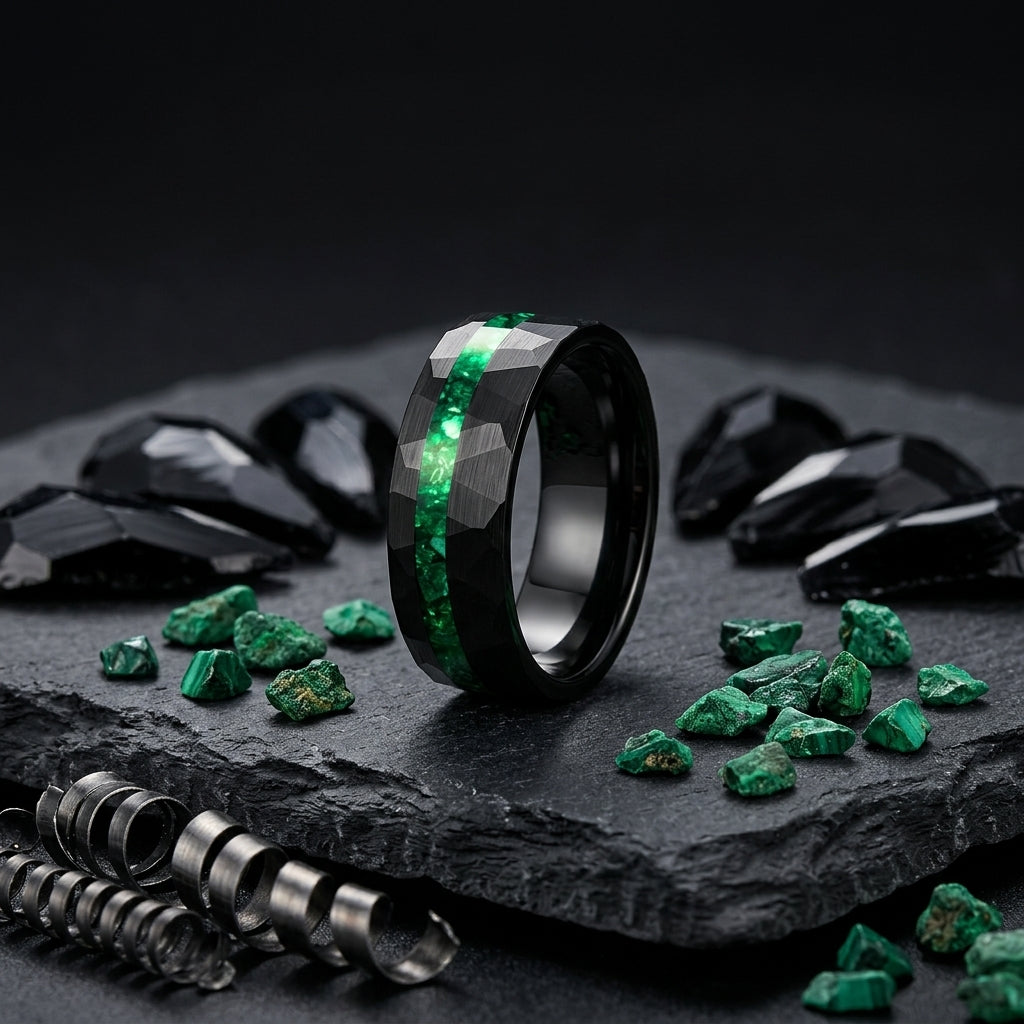 The Emerald Unity™ – Tungsten Ring with Green Stone Inlay