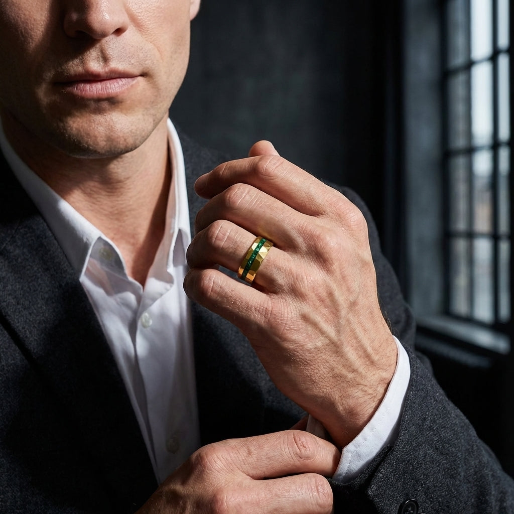 The Emerald Unity™ – Tungsten Ring with Green Stone Inlay