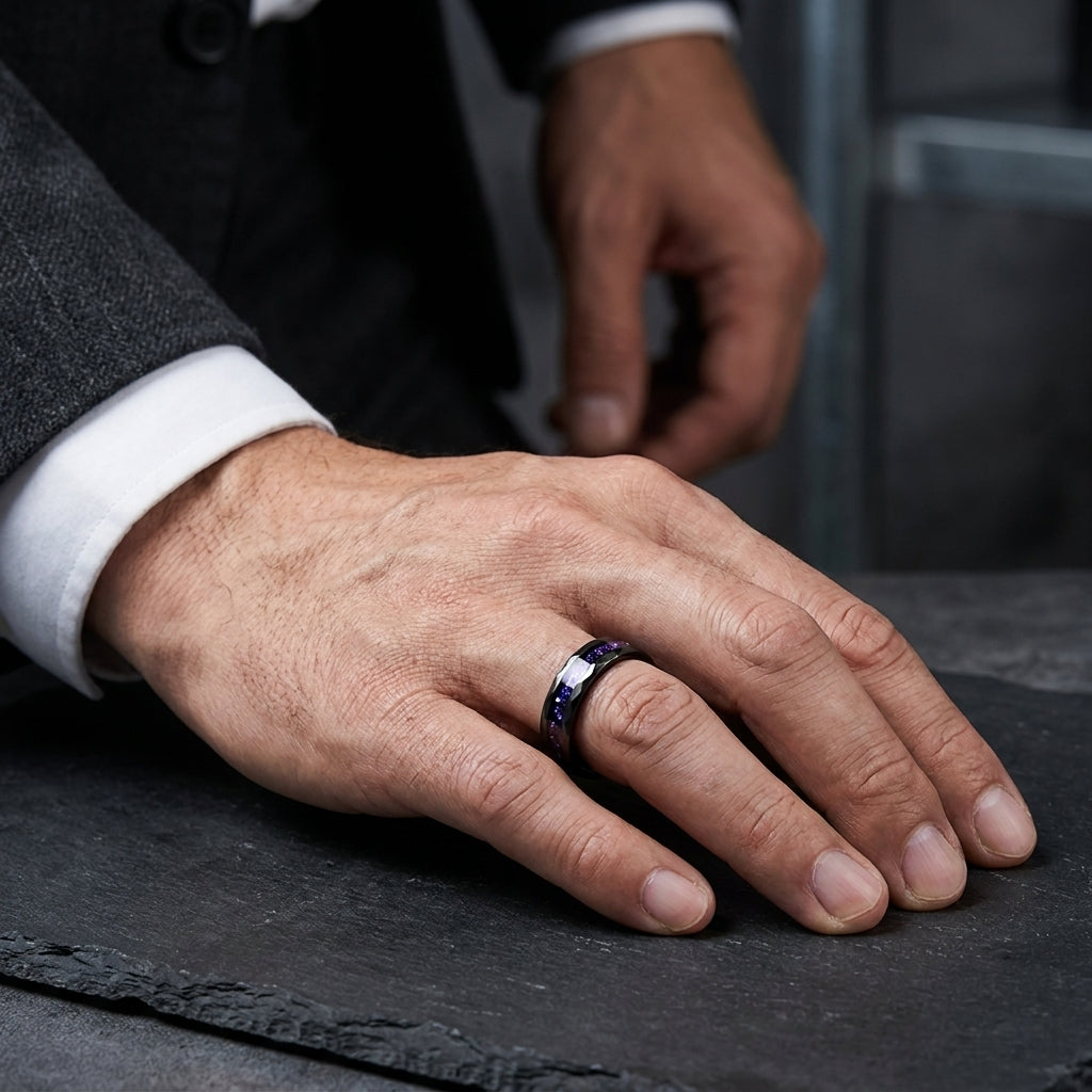 The Galaxcrystal | Hammered Tungsten Ring with Blue Galaxy & Purple Crystal Inlay