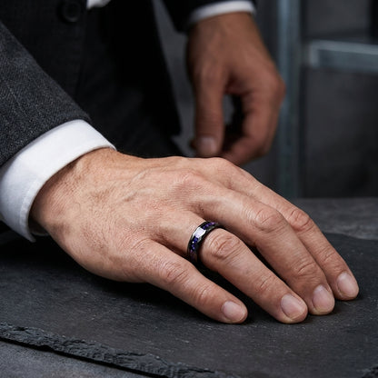 The Galaxcrystal | Hammered Tungsten Ring with Blue Galaxy & Purple Crystal Inlay