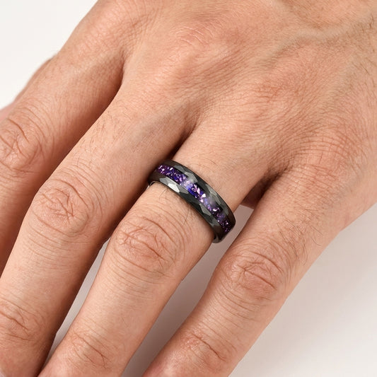 The Galaxcrystal | Hammered Tungsten Ring with Blue Galaxy & Purple Crystal Inlay