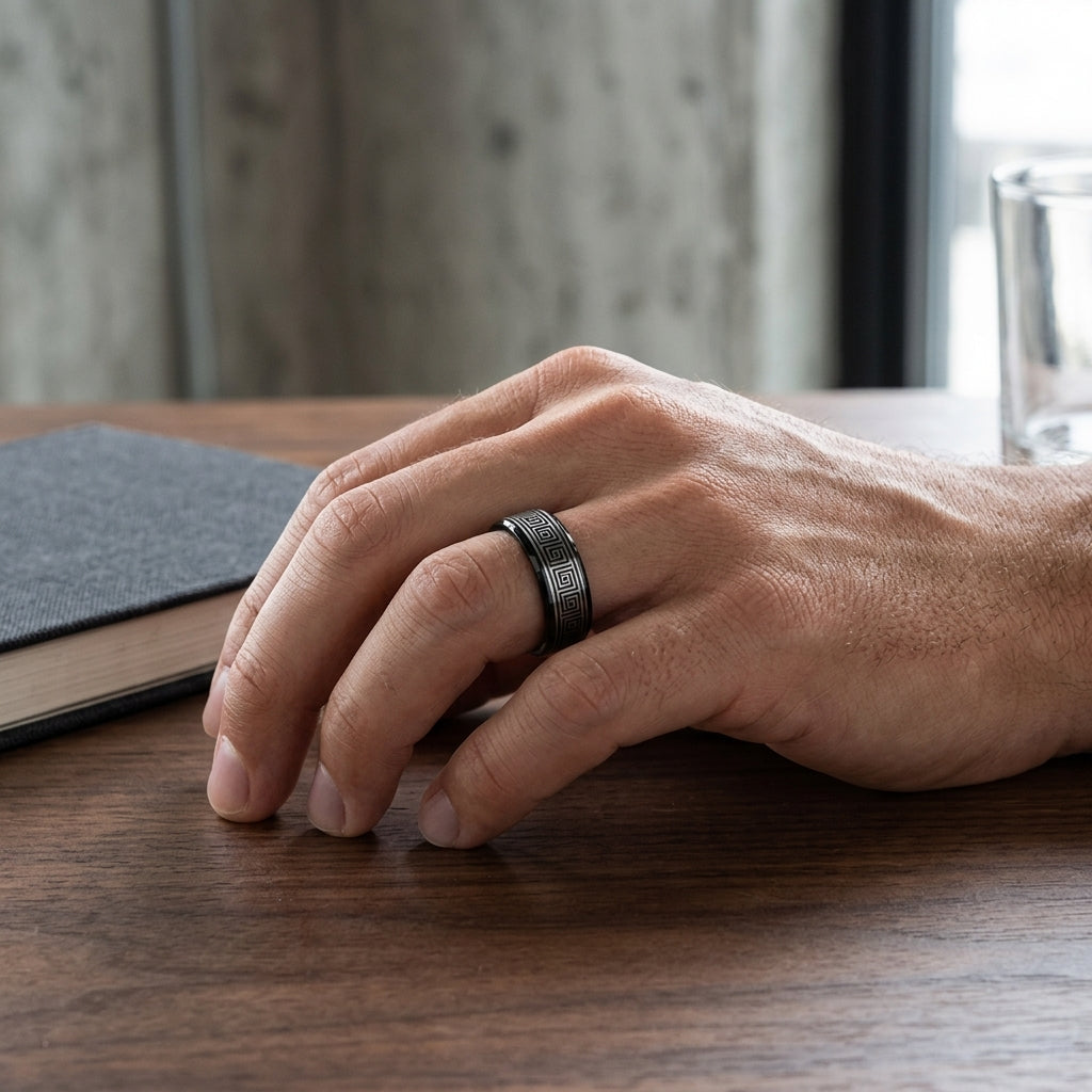 The Infinite Path™ – Black Tungsten Greek Pattern Ring