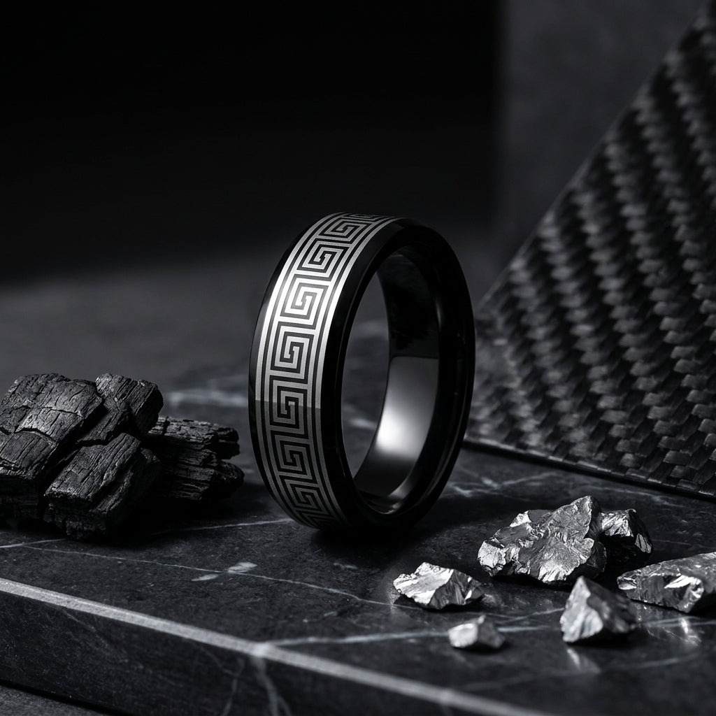 The Infinite Path™ – Black Tungsten Greek Pattern Ring