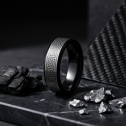 The Infinite Path™ – Black Tungsten Greek Pattern Ring