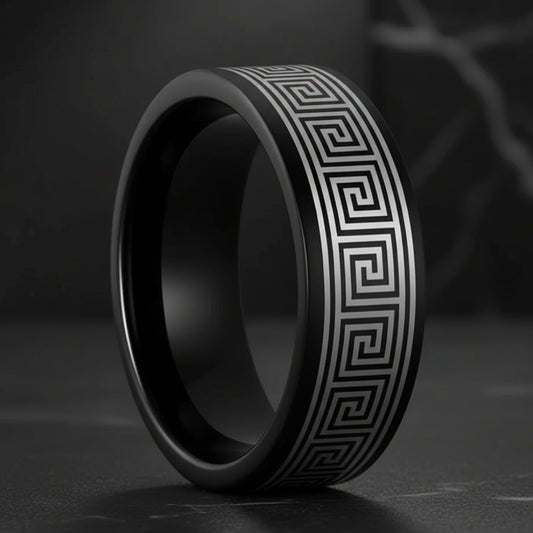 The Infinite Path™ – Black Tungsten Greek Pattern Ring