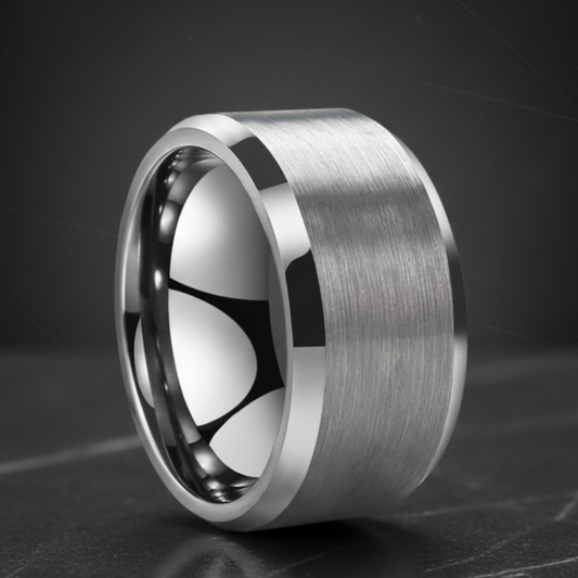 The Iron Monarch™ – Silver Tungsten Ring with Beveled Edges (12mm)