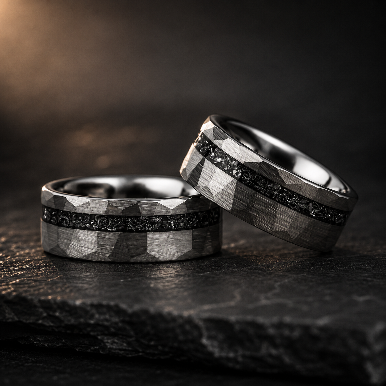 The Meridian – Hammered Black Meteorite Tungsten Ring