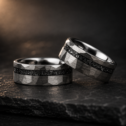 The Meridian – Hammered Black Meteorite Tungsten Ring
