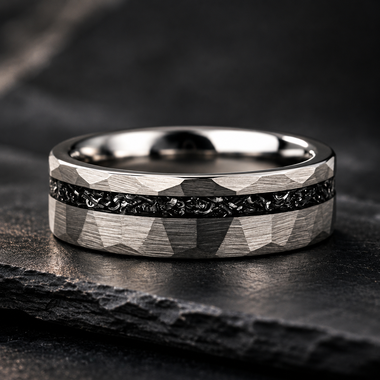 The Meridian – Hammered Black Meteorite Tungsten Ring