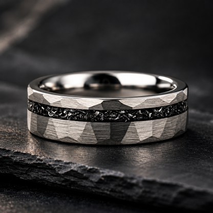 The Meridian – Hammered Black Meteorite Tungsten Ring