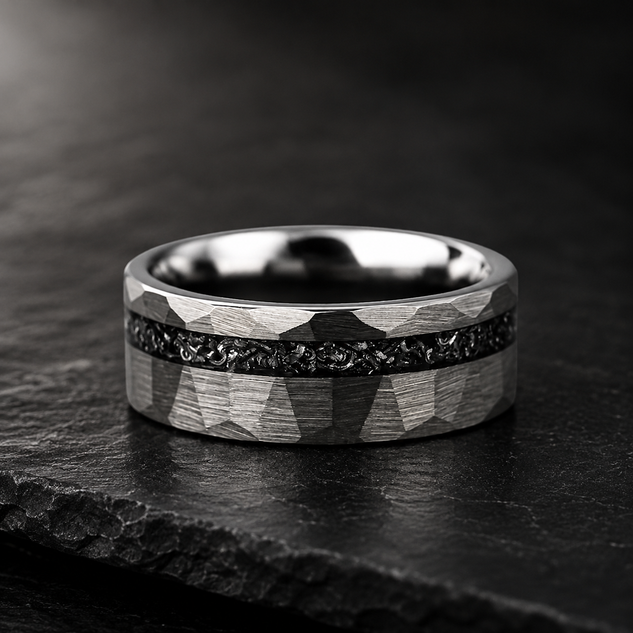 The Meridian – Hammered Black Meteorite Tungsten Ring