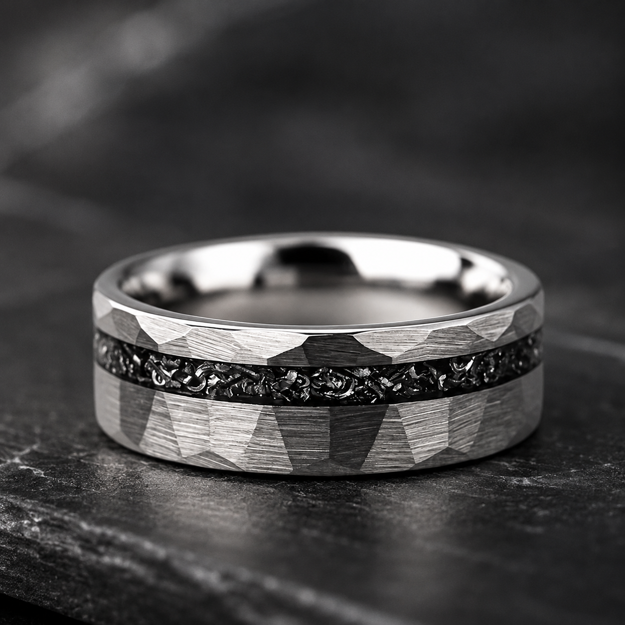 The Meridian – Hammered Black Meteorite Tungsten Ring