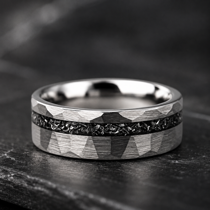 The Meridian – Hammered Black Meteorite Tungsten Ring