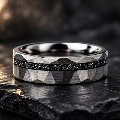 The Meridian – Hammered Black Meteorite Tungsten Ring