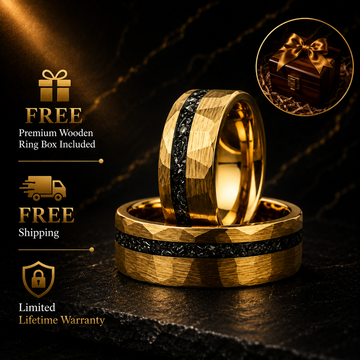 The Meridian – Hammered Black Meteorite Tungsten Ring